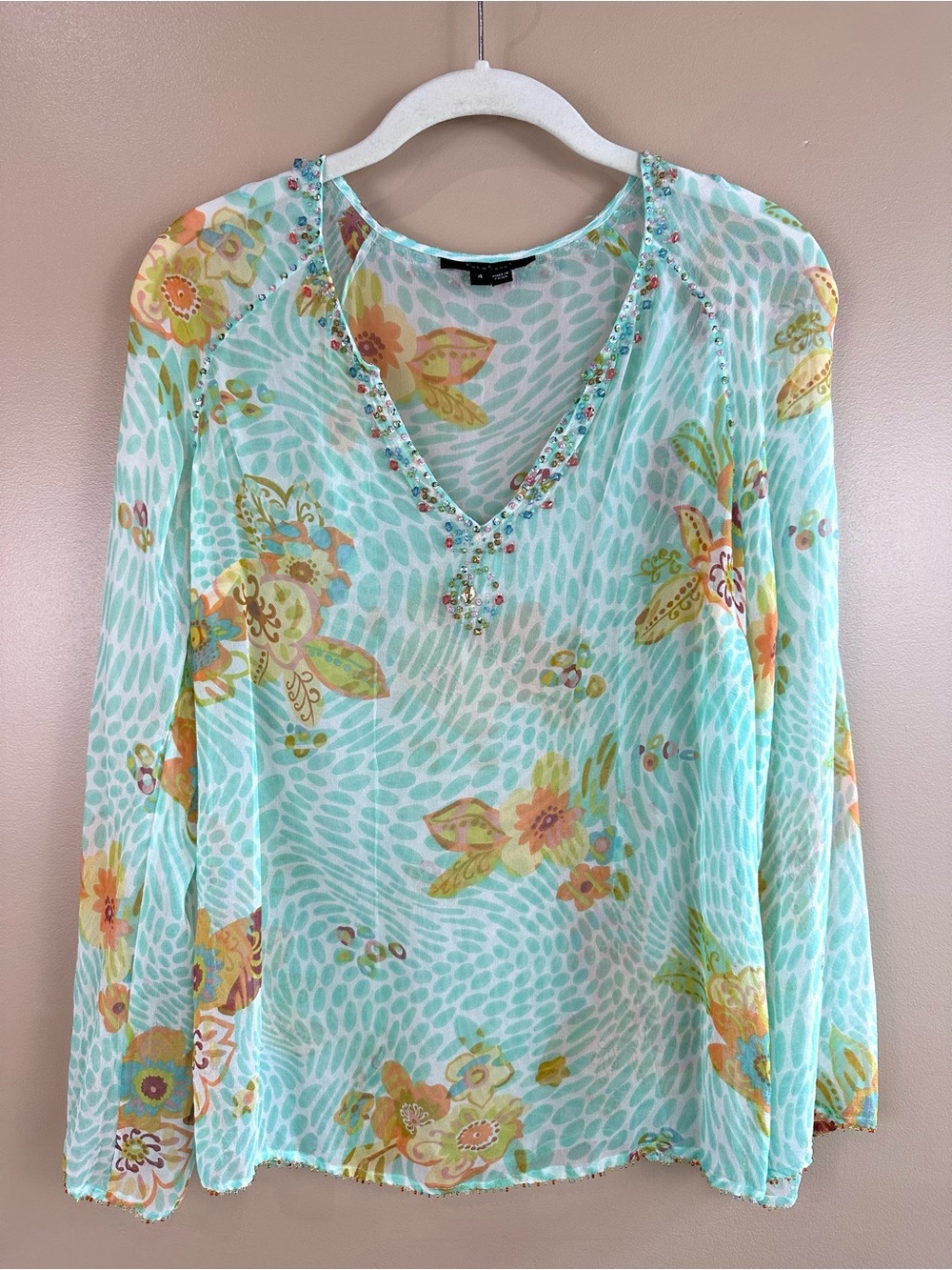 ECI New York Sheer Beaded Floral Blouse Size 4 Aqua Boho Y2K Vtg Lightweight Top